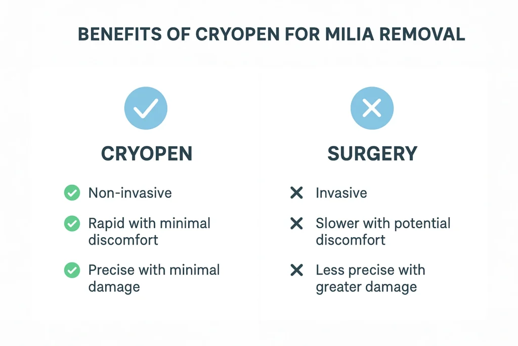 Benefits of cryopen for milia removal Harwich compared to surgical treatments.