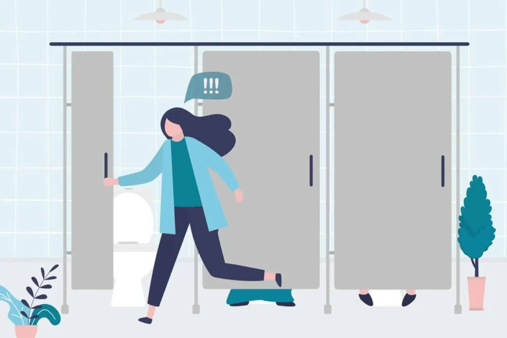 graphic of Urine incontinence Harwich woman running to the toilet.
