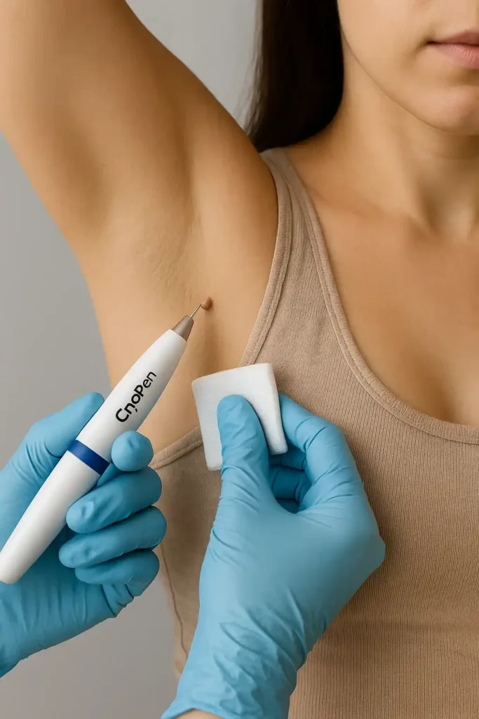 woman having cryopen to remove underarm skin tags Harwich