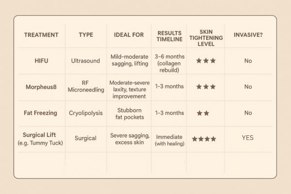 Table showing the comparisons of Skin tightening Harwich treatment options.